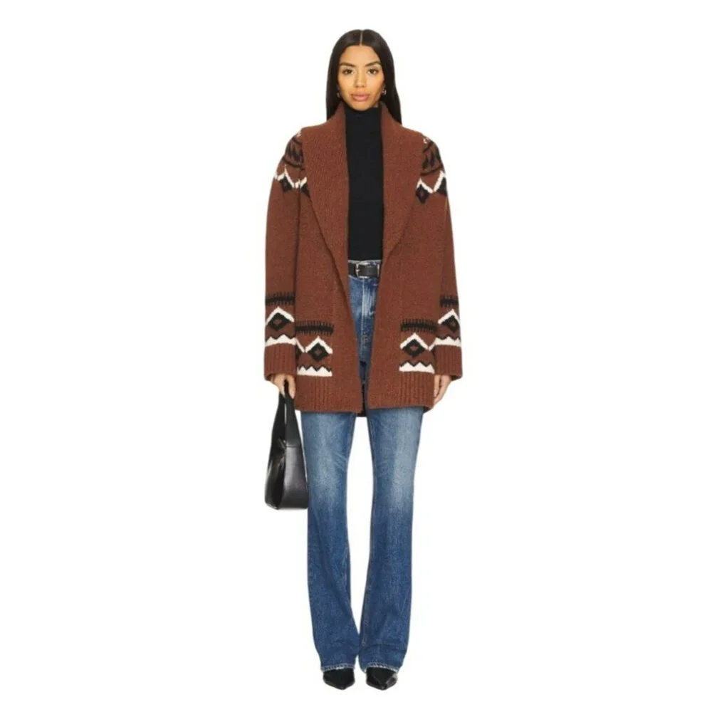 New House Of Harlow Denisia Fairisle Shawl Cardigan Medium Rust Aztec - Picture 4 of 10